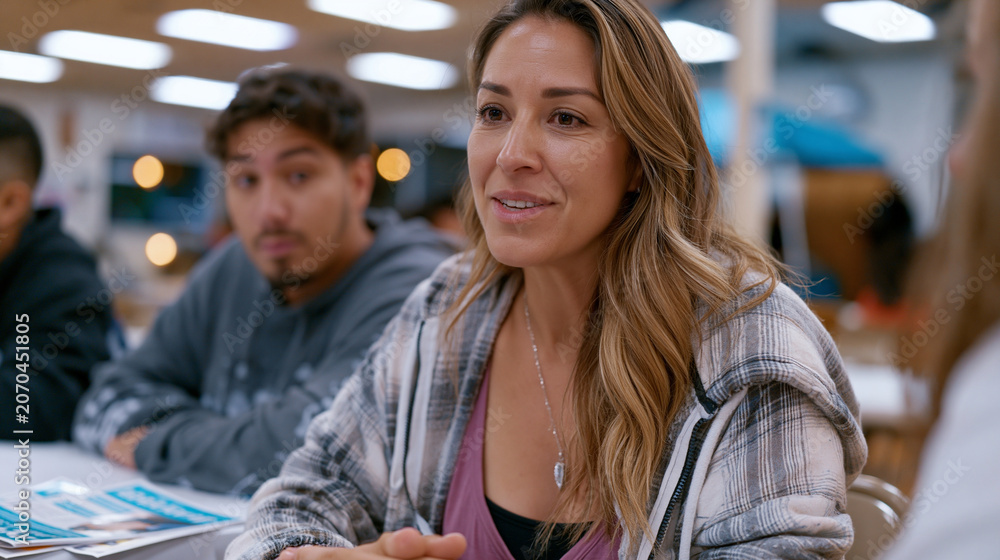 Obraz premium peer support specialist in her late thirties sitting across from young adult client in community center folding chairs, both leaning forward, genuine shared-experience eye contact, pamphlets on reco