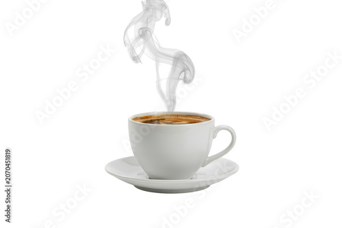 A white ceramic cup of hot coffee with swirling steam rising upwards, isolated on a black background, for a morning, beverage concept