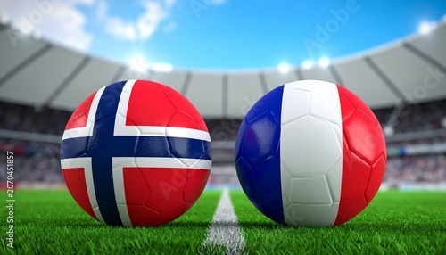 Two soccer balls in flags colors on a stadium blurred background. Norway vs France 3D image.