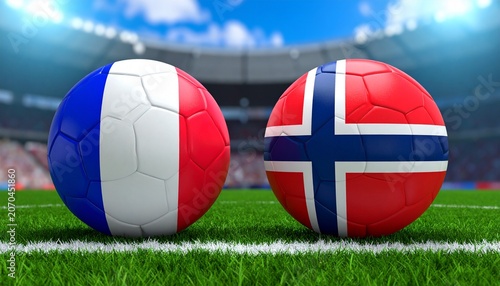 Two soccer balls in flags colors on a stadium blurred background. Norway vs France 3D image.