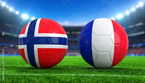 Two soccer balls in flags colors on a stadium blurred background. Norway vs France 3D image.