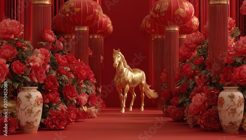 Golden Horse Amidst Red Flowers and Lanterns