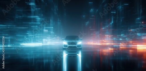 Car Speeding Through Futuristic Cityscape at Night