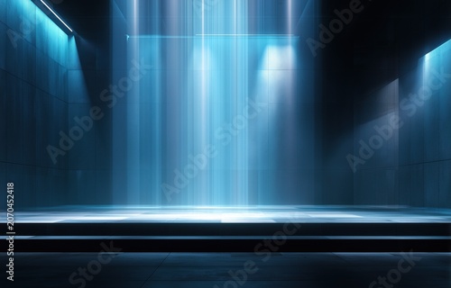 Blue Stage with Light Beams and Dark Background