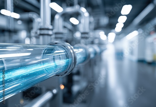 Industrial Pipe System with Blue Liquid Flow
