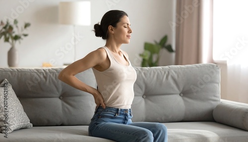 Woman Sitting on Couch Experiencing Back Pain at Home.