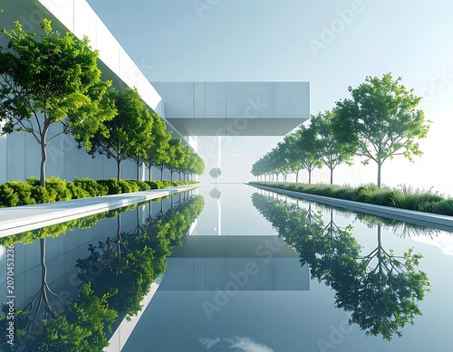 Modern architecture with reflective pool and trees.