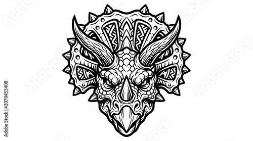 Detailed illustration of a fierce Triceratops dinosaur head.