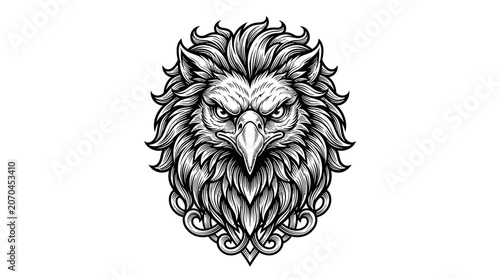 Detailed illustration of a fierce mythical griffin head.
