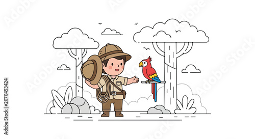 Foto A young explorer in a safari outfit holding a hat and rope stands next to a colorful parrot in a line-art forest setting