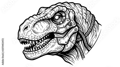 Detailed illustration of a mechanical Tyrannosaurus Rex head.