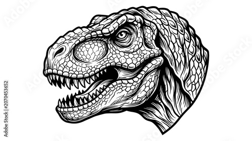 Detailed illustration of a Tyrannosaurus Rex dinosaur head.