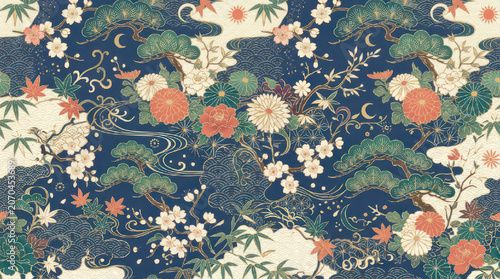 Japanese floral pattern with pine trees and cherry blossoms.