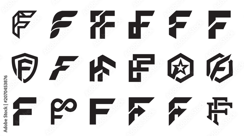Fototapeta premium Futuristic letter F logos, symbols, and icons set, vector graphics