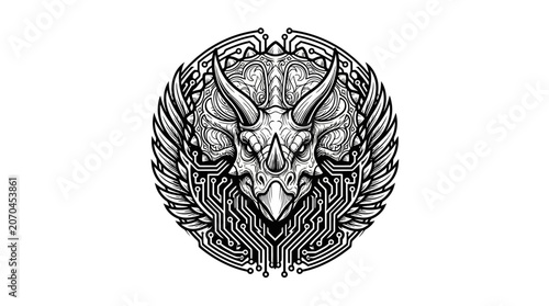 Dinosaur Skull with Wings and Circuitry Emblem.