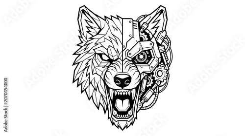 Fierce Cybernetic Wolf Head Illustration.
