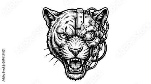 Fierce Cyborg Tiger Head Illustration.