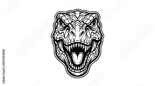 Fierce Dinosaur Head Illustration Black and White.