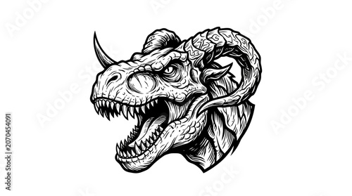 Fierce Dinosaur Head with Ram Horns and Sharp Teeth.