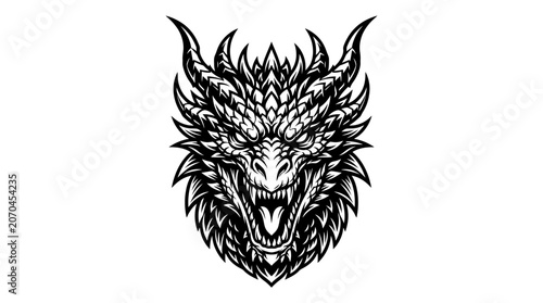 Fierce Dragon Head Illustration Black and White.