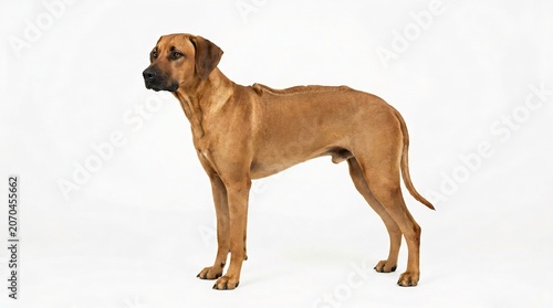 Brown dog standing against a clean white background