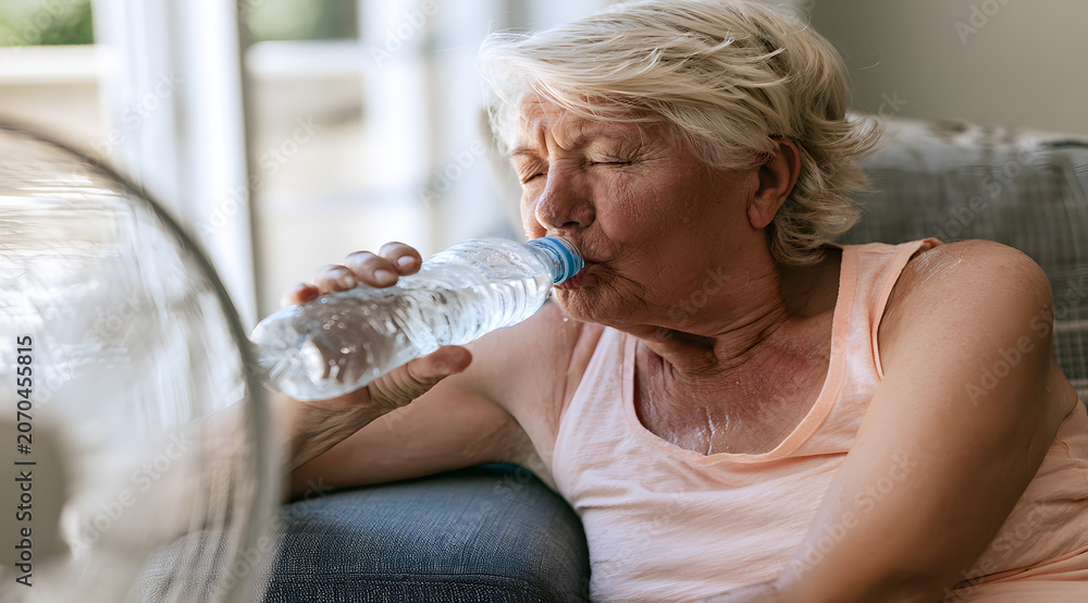 Obraz premium Exhausted, sweaty, senior woman drinking water from a plastic bottle at home in front of a fan during an extreme summer heatwave. Elderly dehydration and heat stroke risk concept