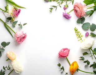 Colorful flowers and leaves arrangement border.