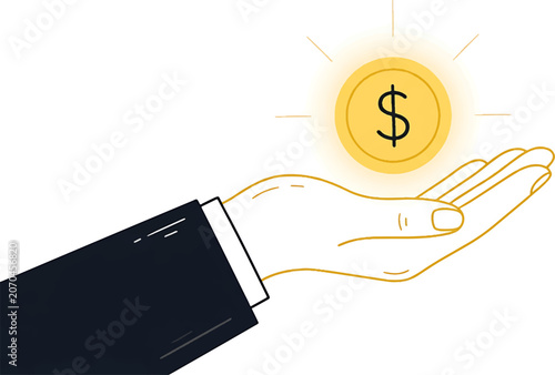 Business Hand Holding Glowing Dollar Coin - Investment and Financial Growth Concept