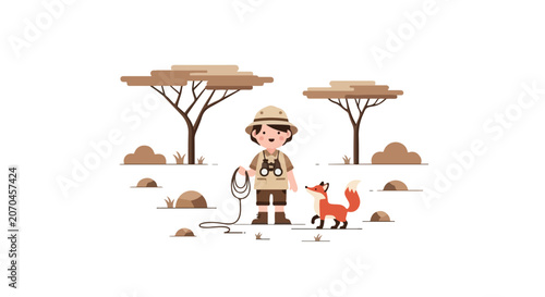 Foto A minimalist vector of a young safari explorer with binoculars and a rope standing in a savanna landscape next to a friendly little red fox