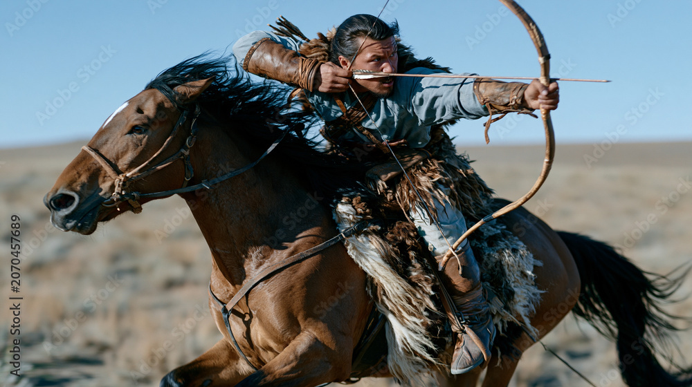 Naklejka premium Mounted archer at full gallop on open steppe terrain, traditional recurve bow drawn and aimed sideways, horseback rider without stirrups, leather bracers on forearm, arrow nocked, ancient cavalry ar