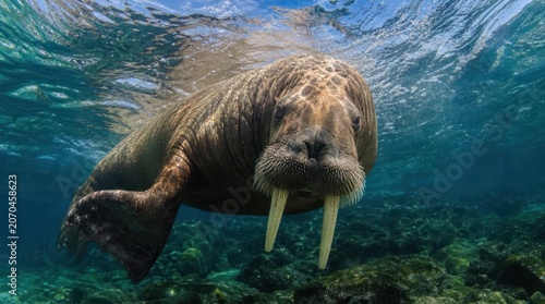 Underwater Close-up of a Walrus with Tusks Swimming in Clear Blue Ocean Water.