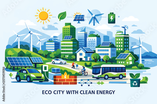 Eco City with Clean Energy, Solar Panels and Wind Turbines Illustration