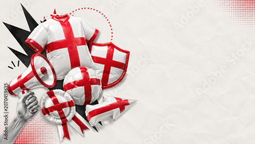 England football supporter background banner with inflatable fan merchandise accessories and copy space over textured background