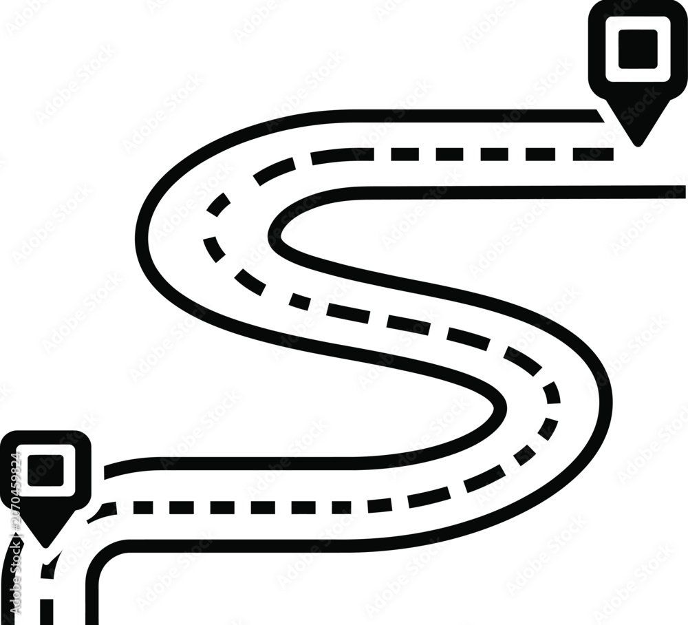 Fototapeta premium Black and white road map icon with two location markers