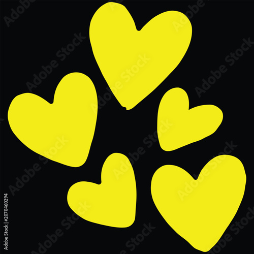 Five bright yellow hearts on a solid for love and valentines day concepts