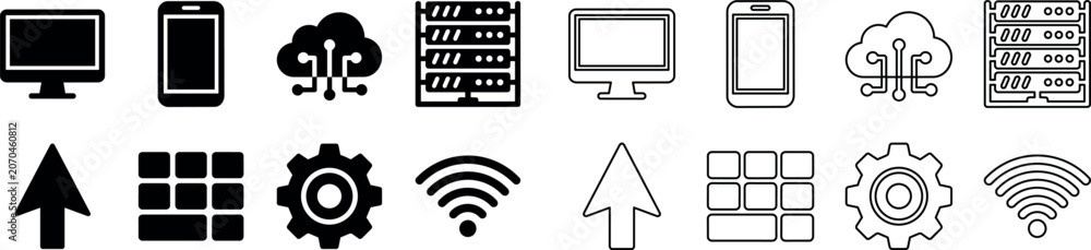 Fototapeta premium Technology and digital devices icon set with computer, smartphone, cloud, server, arrow, grid, gear, and wifi symbols