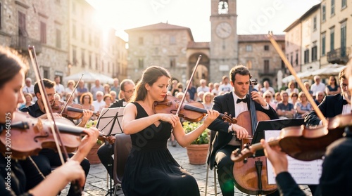String quartet performing in sunny historic town square. Violinists and cellists in black attire play for attentive crowd. Outdoor music concert during labor day celebration