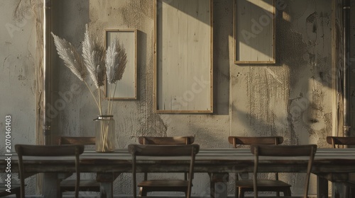 Modern Rustic Dining Room with Wooden Table and Decorative Frames on Textured Wall