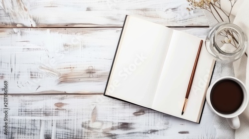 Open Notebook with Pen Glass of Water and Coffee on Wooden Surface