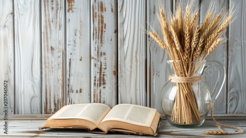 Open Book with Dried Wheat in Glass Pitcher on Rustic Wooden Surface