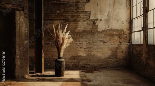 Rustic Interior with Brick Wall and Large Window Featuring Dried Pampas Grass in Vase