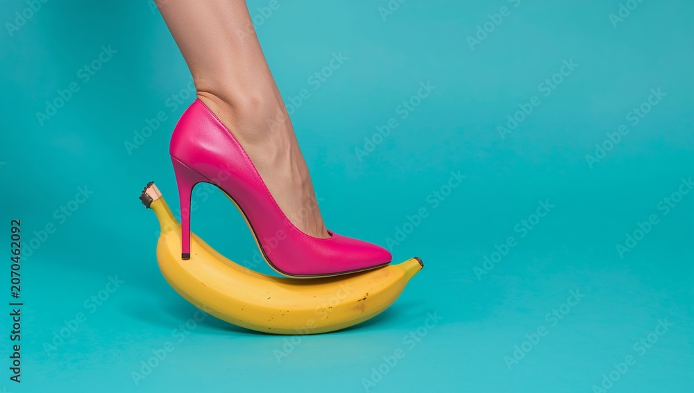 Naklejka premium High-heeled pink shoe placed on a yellow banana against a bright turquoise background, showcasing a playful and vibrant fashion concept