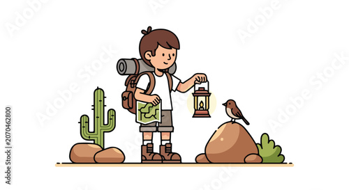 Fotografía A young adventurer with a backpack holds a lantern and map, observing a small bird perched on a rock in a desert landscape with a green cactus