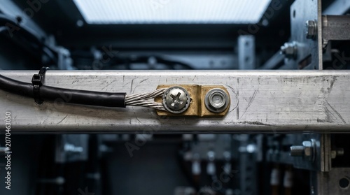Close up of an electrical grounding connection on a metal frame.