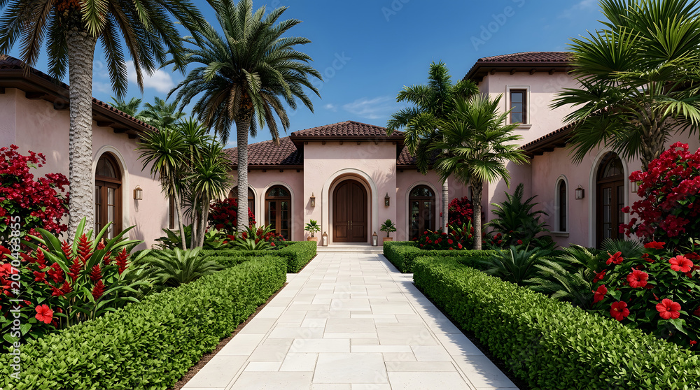 Naklejka premium A luxurious mediterranean villa featuring a grand stone walkway surrounded by lush tropical landscaping and vibrant red flowers under a clear blue sky