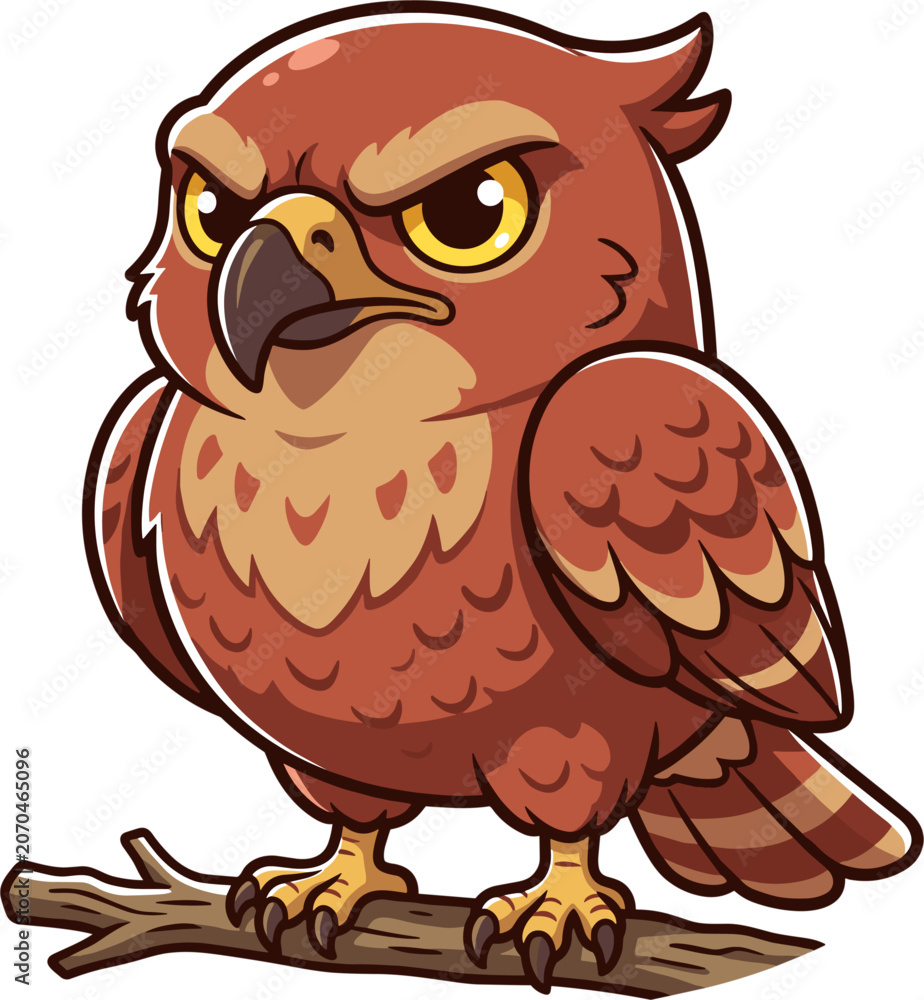 Obraz premium A pixel art cartoon owl with a grumpy expression sits on a tree branch. Its feathers are brown and yellow. The illustration is detailed.