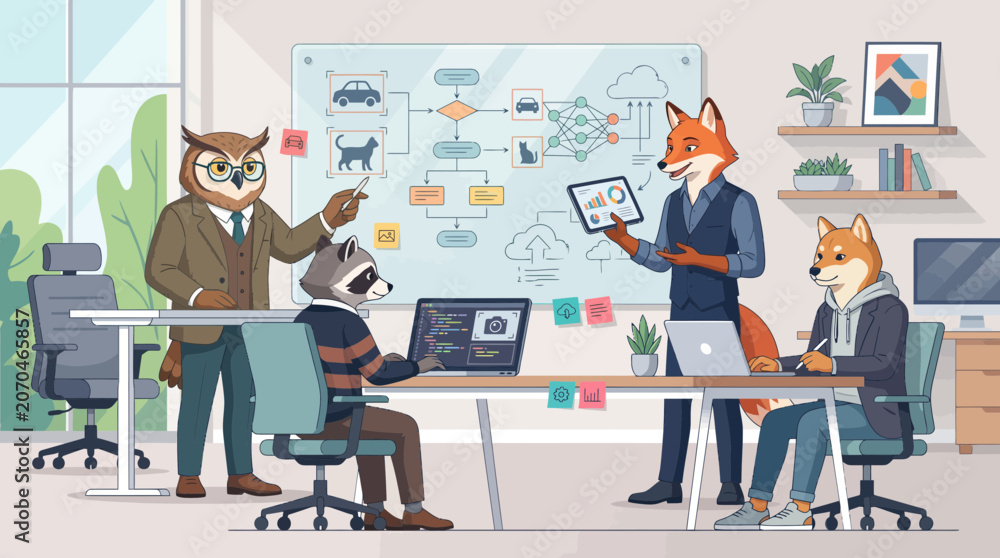 Fototapeta premium Team of Anthropomorphic Animals Collaborating on Machine Learning Project
