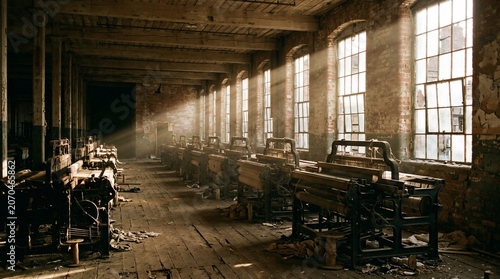 Abandoned Textile Factory with Sunlight Streaming Through Large Windows.
