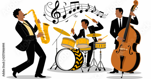 Photography Jazz Trio Performance: A lively jazz trio, featuring a saxophonist, drummer, and bassist, plays an energetic tune accompanied by musical notes dancing in the air
