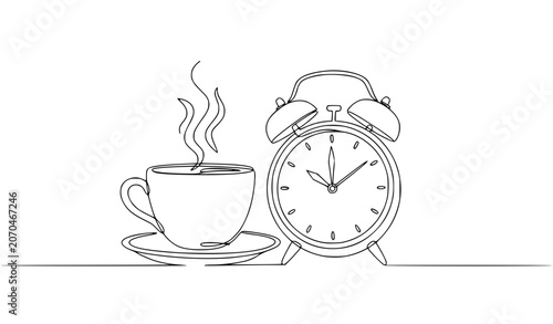 Tableau sur toile Continuous Line Drawing of Coffee Cup and Alarm Clock for Coffee Time Concept